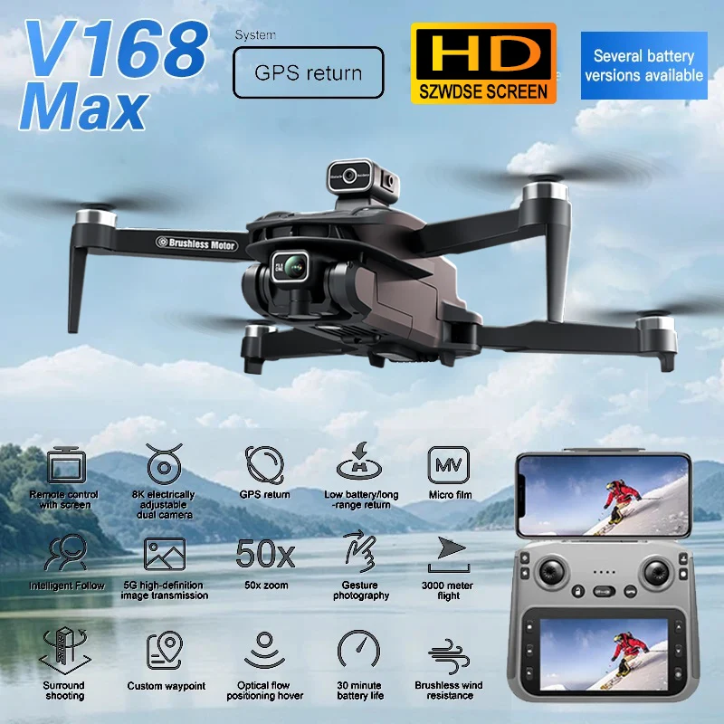 NUOVO Drone GPS V168 MAX 5G WIFI Professionale con Doppia Fotocamera 4K HD, 2 Batterie, Motore Brushless, Evitamento Ostacoli, Schermo, Quadricottero RC Giocattolo - immagine 2