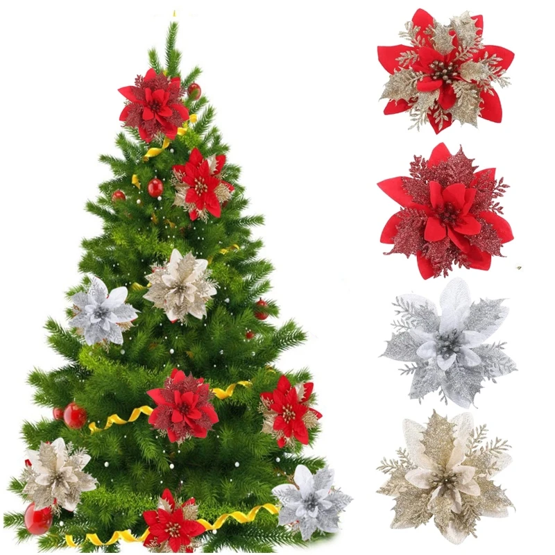 

5pcs 14cm Christmas Glitter Poinsettia Flowers with Clips Stems Wreath Decorations Wedding Xmas Tree New Year Ornaments
