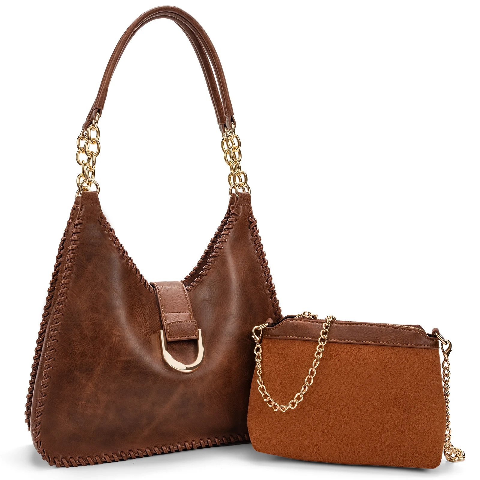 

molshine 2pcs Fashion Vegan Leather Handbags Set, Hobo Shoulder Bag, Metal Chain Crossbody Bag for Women Lady Model HB038