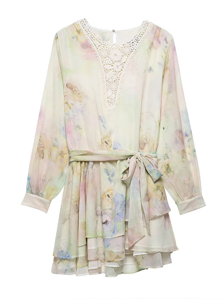 Elegantes Chiffon-Kleid mit Blumendruck, Spitze, V-Ausschnitt, lange Ärmel, Gürtel an der Taille, gestufter Rüschensaum, Vintage-Casual-Outfit für den täglichen Urlaub