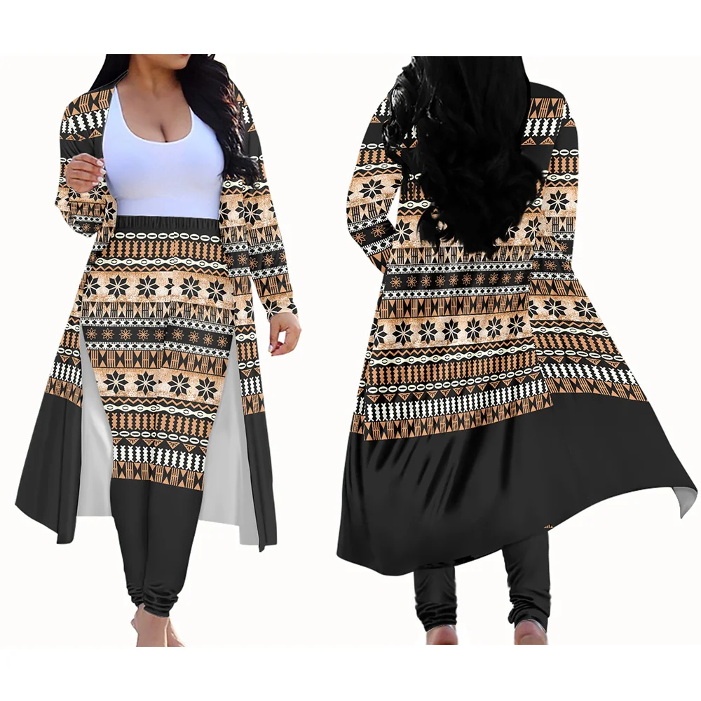

Long Sleeve Cardigan Polynesian Tribal Clothing Samoa Black Fiji Masi Tapa Flower Print Fashion Style Sexy 2 Piece Cardigan Set