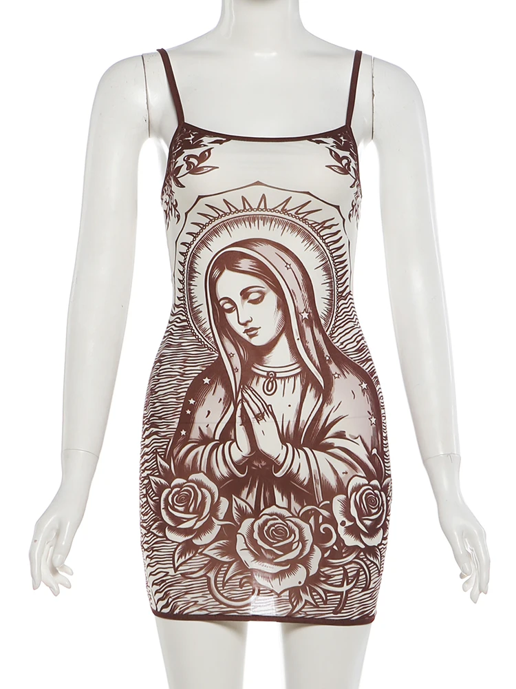 Printed Stretch Bodycon Mini Dress With Art Print And Spaghetti Straps — photo 1