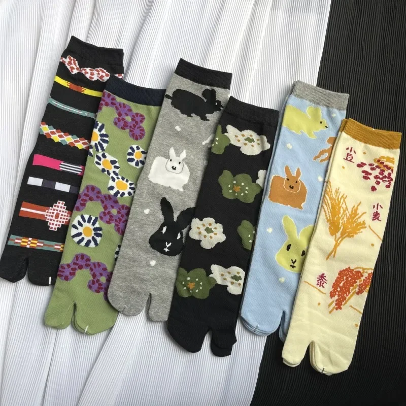 Cartoon Kunst Tabi Socken für Frauen japanische Harajuku Split Toe Socken hochwertige gekämmte Baumwolle dünne Crew süße zwei Zehensocken – Detail 1