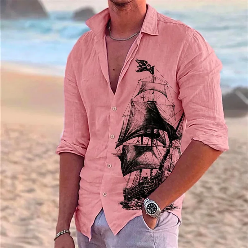 New fashion shirt 3D printed pirate ship solid color comfortable and soft street outdoor simple men's lapel long sleeve top