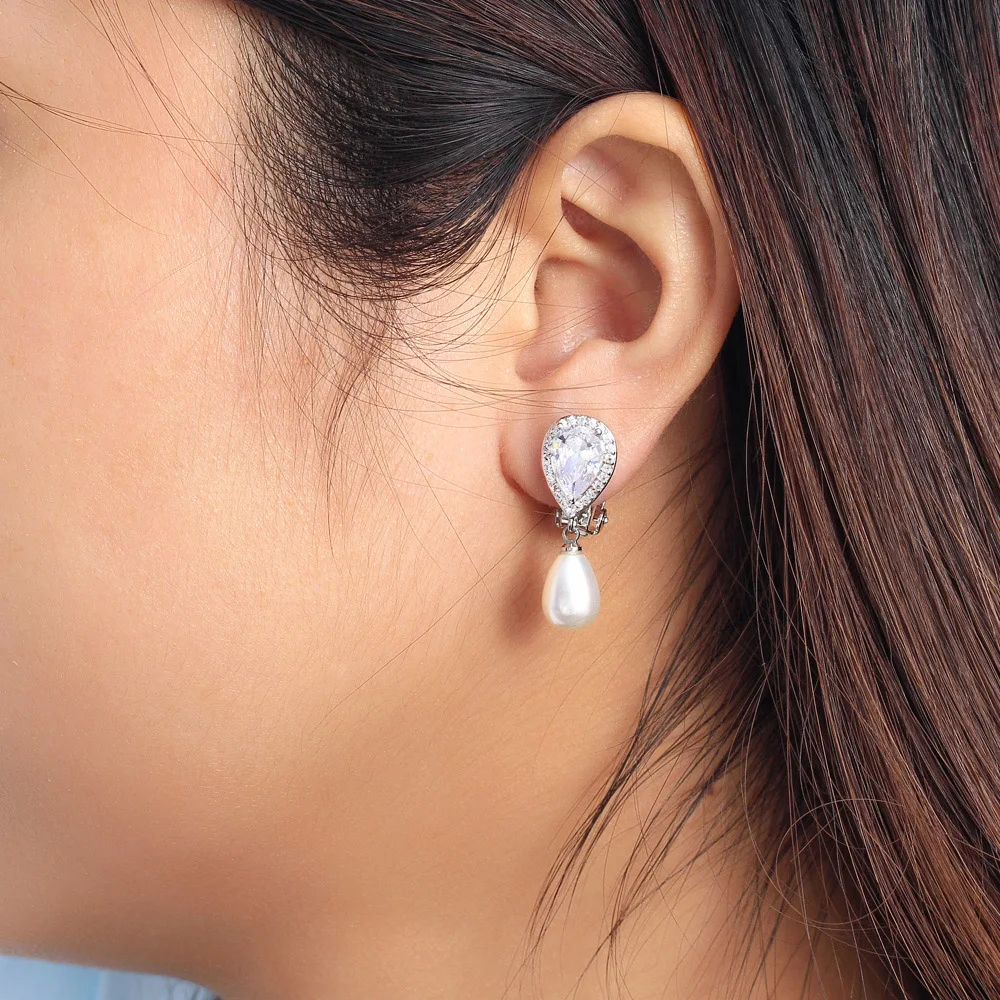 CWWZircons Elegant Design Shiny White Cubic Zircon Dangly Bridal Wedding Party Clip on Pearl Earrings No Piercing Hole CZ496 6