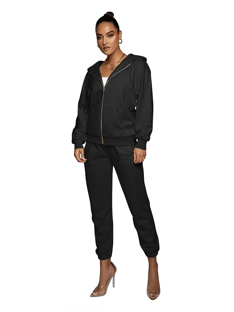 Women Casual Spring Solid Loose Two Piece Hoodie Set Zip Athleisure Sweatshirt Ankle-Length Pants Suit Athflow Style Outfits plus size sweat suits Suits & Blazers