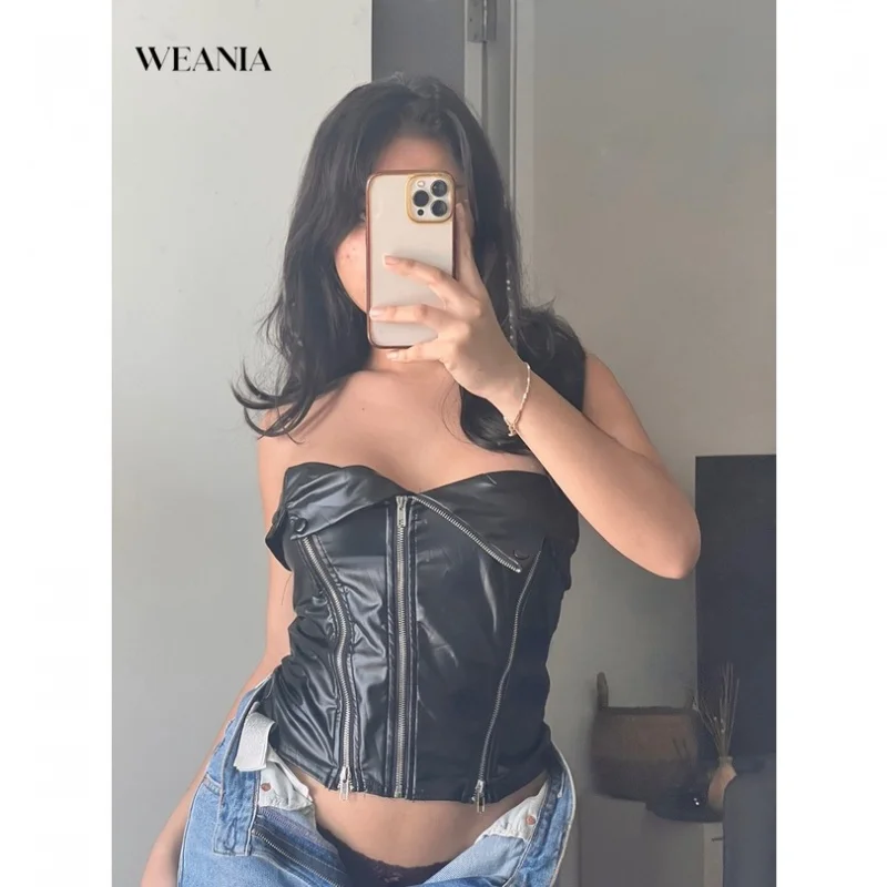 

Women's Sexy Motorcycle Zipper Pu Tube Tops