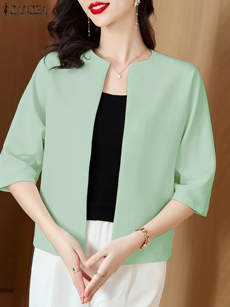 

ZANZEA Stylish Summer Casual OL Work Blazer Cardigan Women Half Sleeve Open Front Kimono Suits Female Elegant Blouse Party Shirt