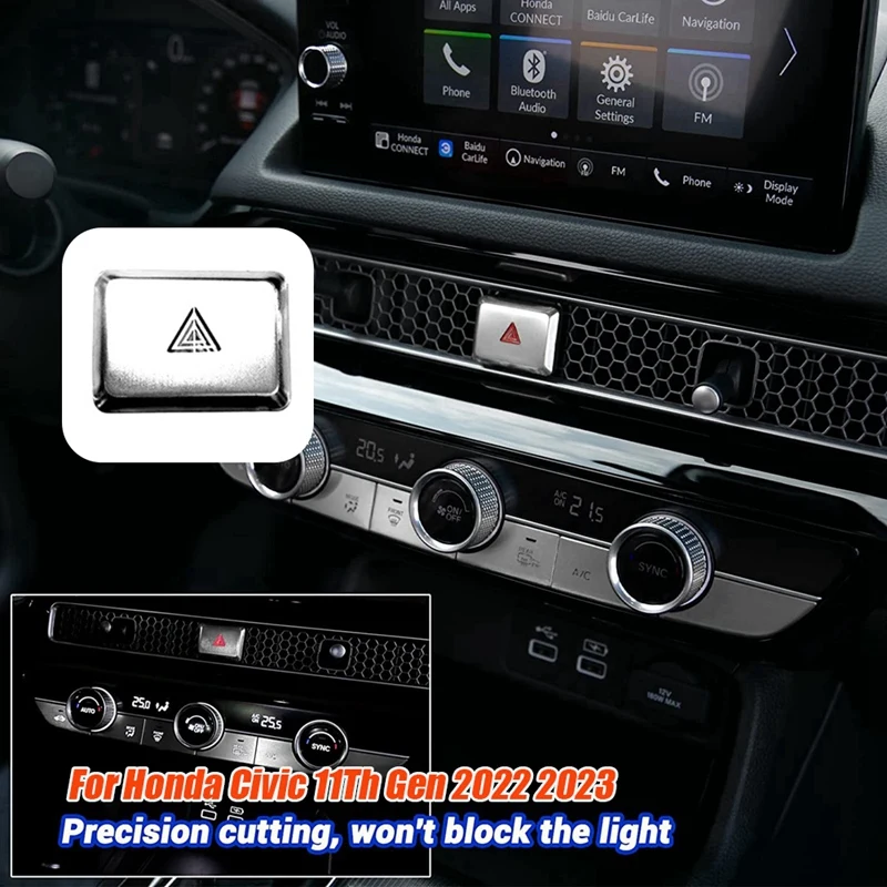 Car Warning Emergency Light Switch Button Cover Sticker Trim Parts For Honda Civic 11Th Gen Aluminum Alloy Silver