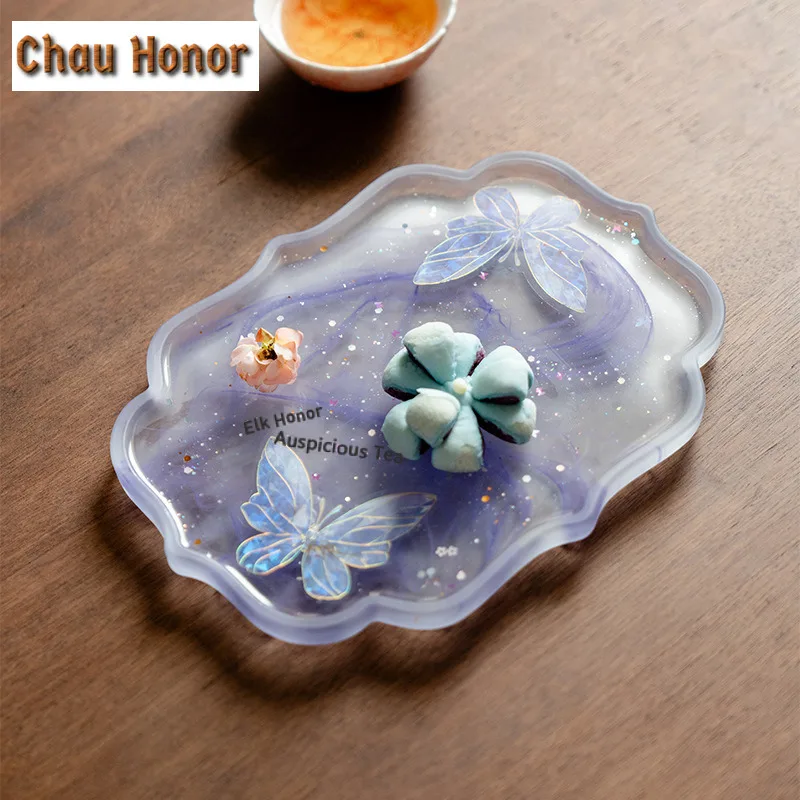 Crystal Butterfly Pot Bearing Holder Coffee Cup Dessert Serving Trays Dry Soaking Table Tea Tray Coasters Chinese Tea Set Craft