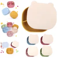 Cartoon Bear Baby Weaning Dishes Anti-Slip BPA-Free Baby Silicone Sucker Plate Portable with Lid Children's Tableware