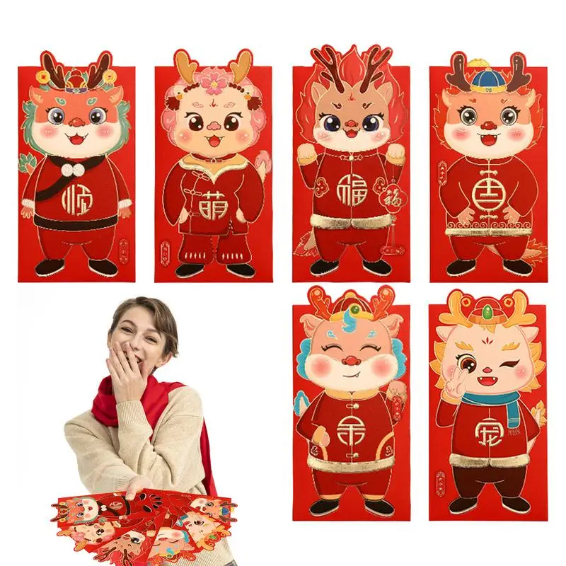 

Dragon Red Envelopes 2024 Lucky Money Cash Envelopes 6 Pcs Creative Gold Foil Sturdy Heavy Duty Adorable Cartoon Dragon New year