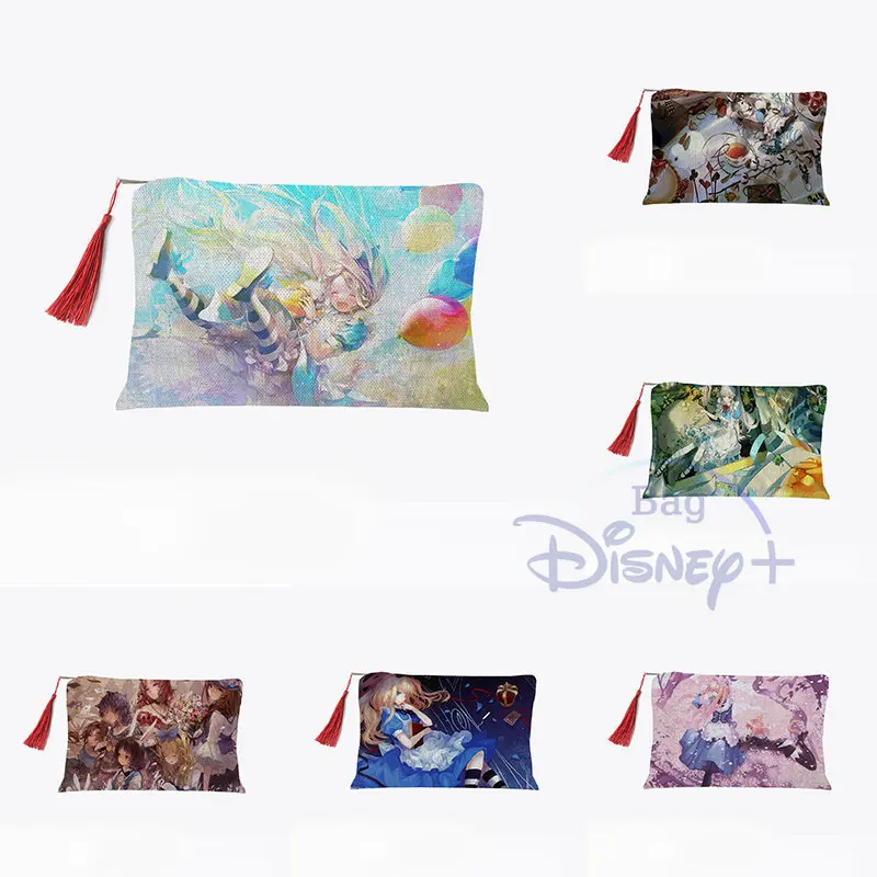 

Disney Alice In Wonderland Cosmetic Bags Cartoon Fashion Women Designer Print Makeup Bag Organizer Heat Transfer Multifunction