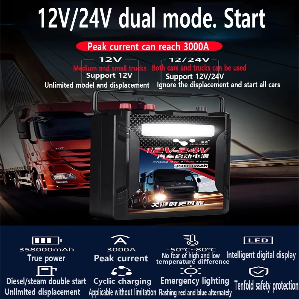 Car jump starter 12V/24V 358000mAh, a sturdy and durable electric starting device that can start any vehicle