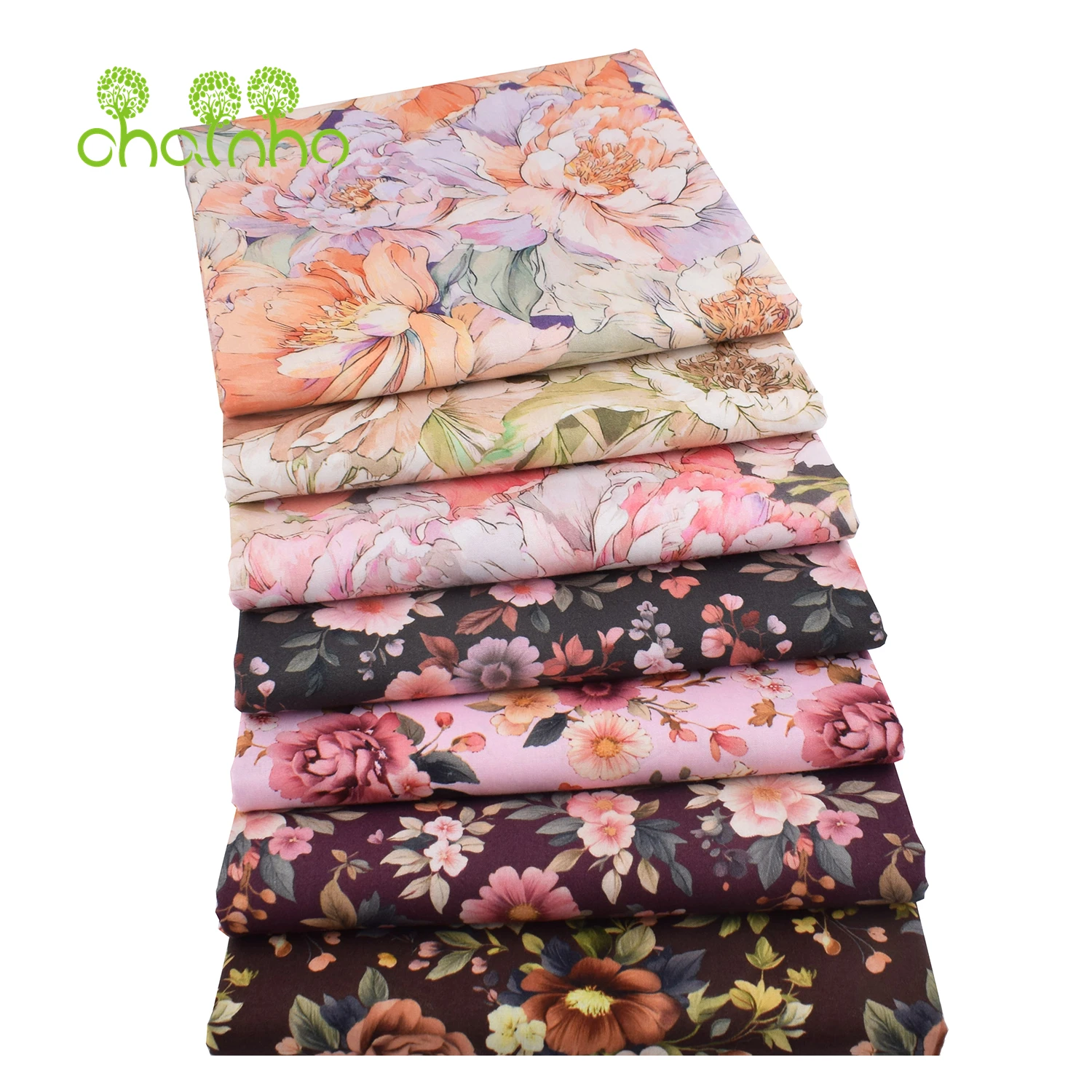 Chainho,Printed Plain Weave Poplin Cotton Fabric,DIY Quilting Sewing Material,Patchwork Cloth,Floral Series,2 Sizes,15PC234