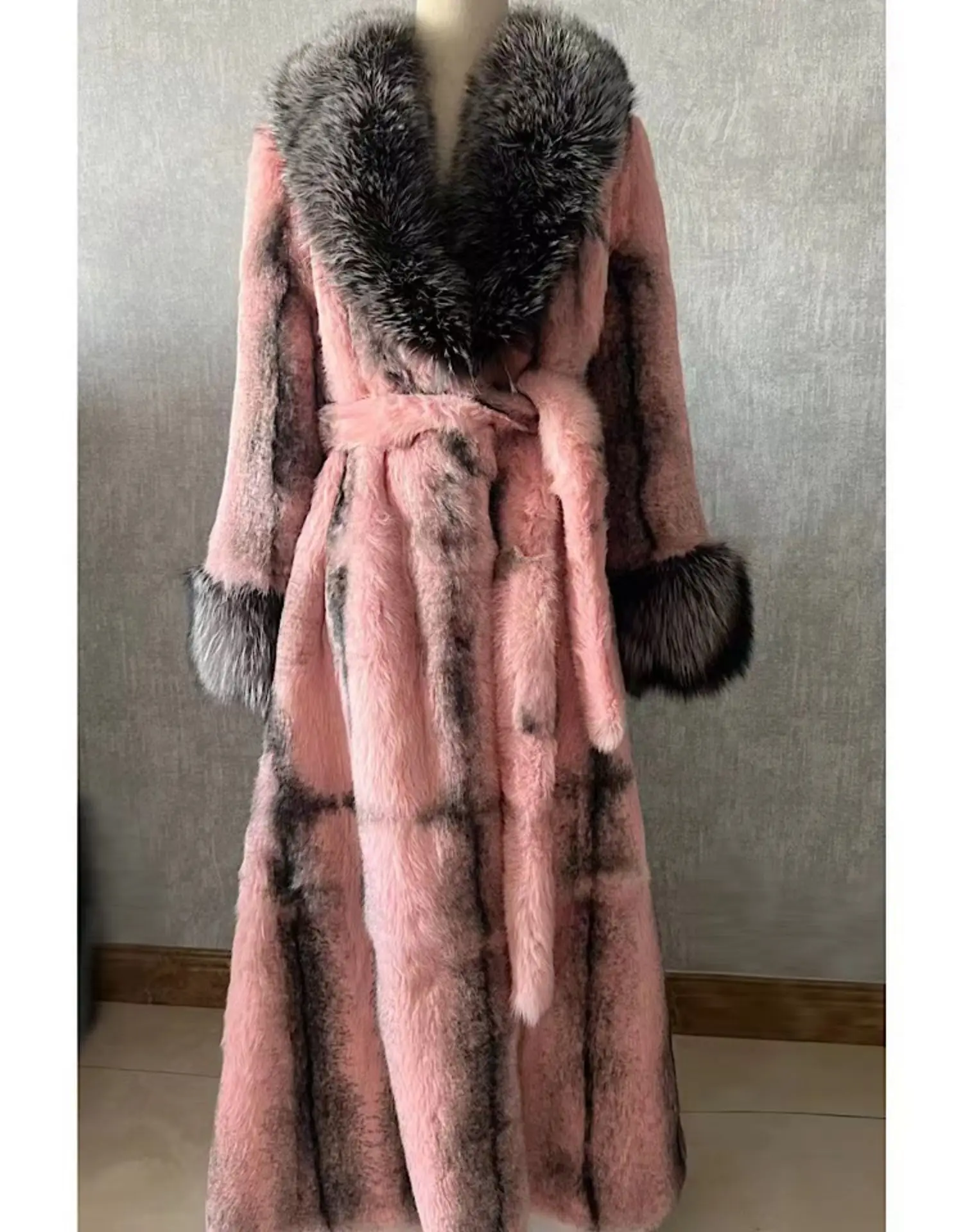 

2024 New Style Winter Red Rabbit Fur Long Coat With Raccoon Fur Collar and Sleeve Jacket For Women Outerwear