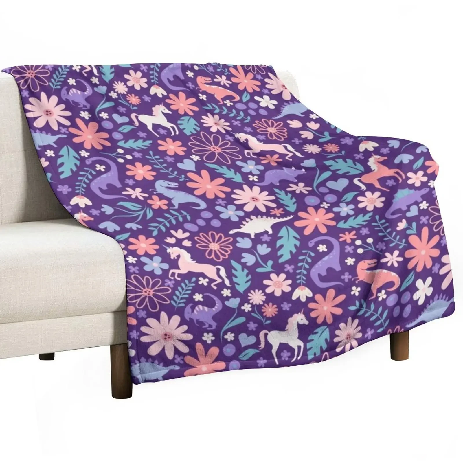 

Dinosaurs and Unicorns on Purple Throw Blanket Plush warm for winter Blankets