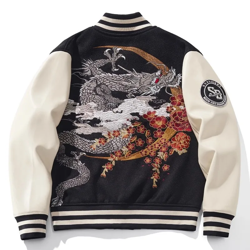 Chinese Style Machine Embroidery Red Dragon Men's Baseball Uniforms Stitching Leather Sleeve Jacket Dragon Year Fashion Jaquetas