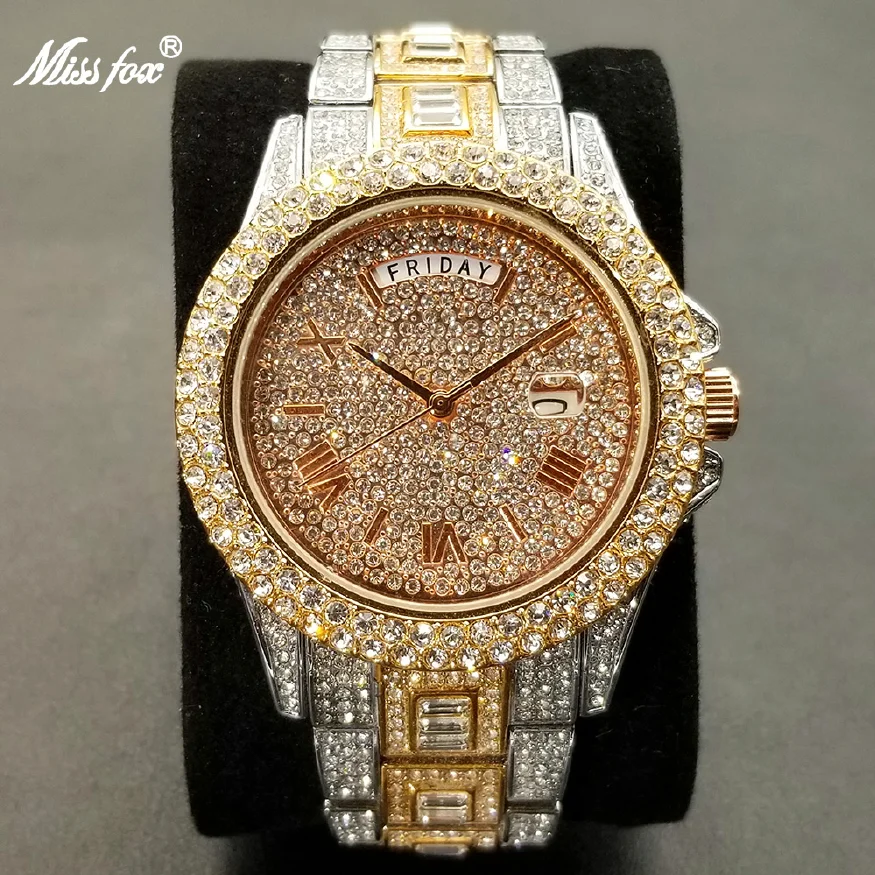 

New Ice Out Day Date Watches For Men Hip Hop Moissanite Stainless Steel Watch Male Luxury Dress Jewelry Clock 2023 Best Selling