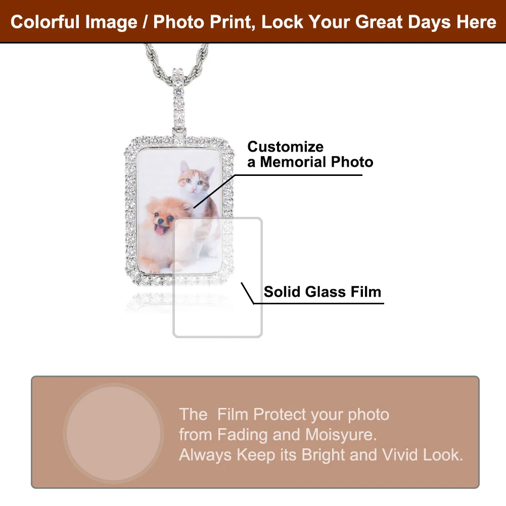 Custom Hip Hop Jewelry Personalized Rectangle Picture Pendant Necklace Iced Square Memory Photo Necklace For Women Jewelry
