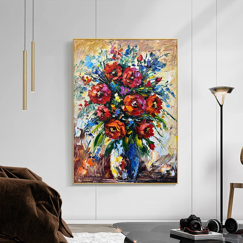 

OQ100% Hand Painted New Textured Design Oil Painting Home Wall Decoration Red Flower Art Canvas Picture Living Room Decorative