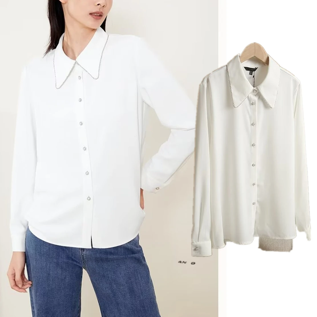 

Withered 2023 Spring Fashion Elegant Office Lady White Color Shirt Diamond Lapel Blouse Women Tops