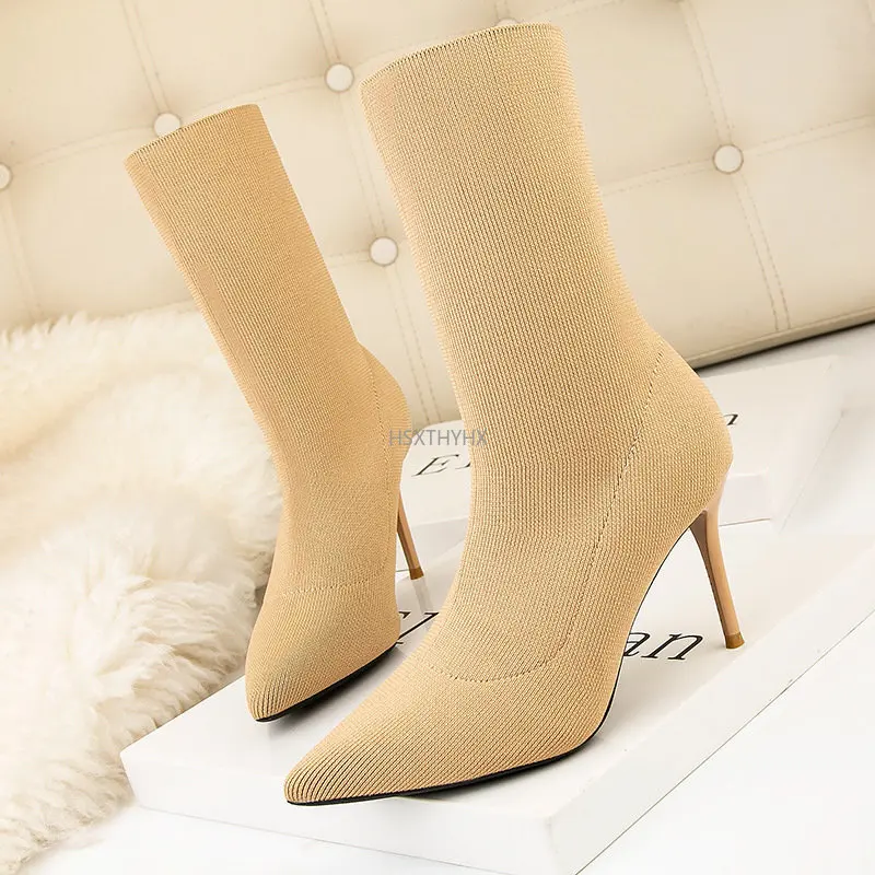 Autumn Winter Socks Heeled Heel Boots Fashion Sexy Knitted Elastic