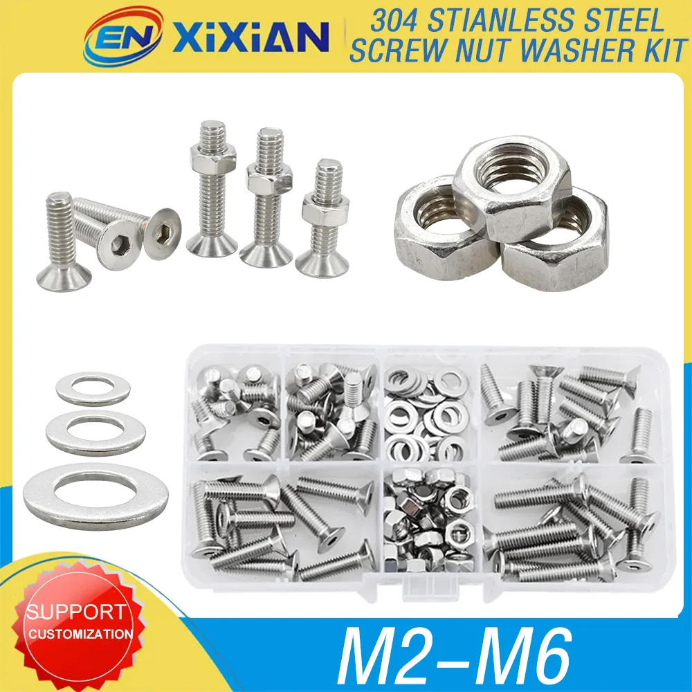 M2-M6 Hexagonal Countersunk Screw Nut Washer Set Metric Threaded Hex Bolt Nuts Spacer Kit Machine Screws Gasket Stainless Steel