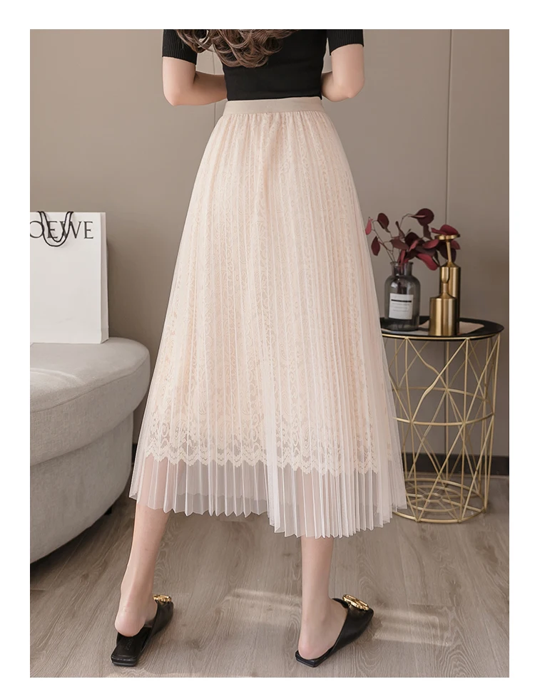 a line skirt Women Midi Lace Skirts Spring Summer Elastic High Waist Mesh Tulle Skirt Casual Pleated Skirts Apricot Black Office Lady N136 a line skirt