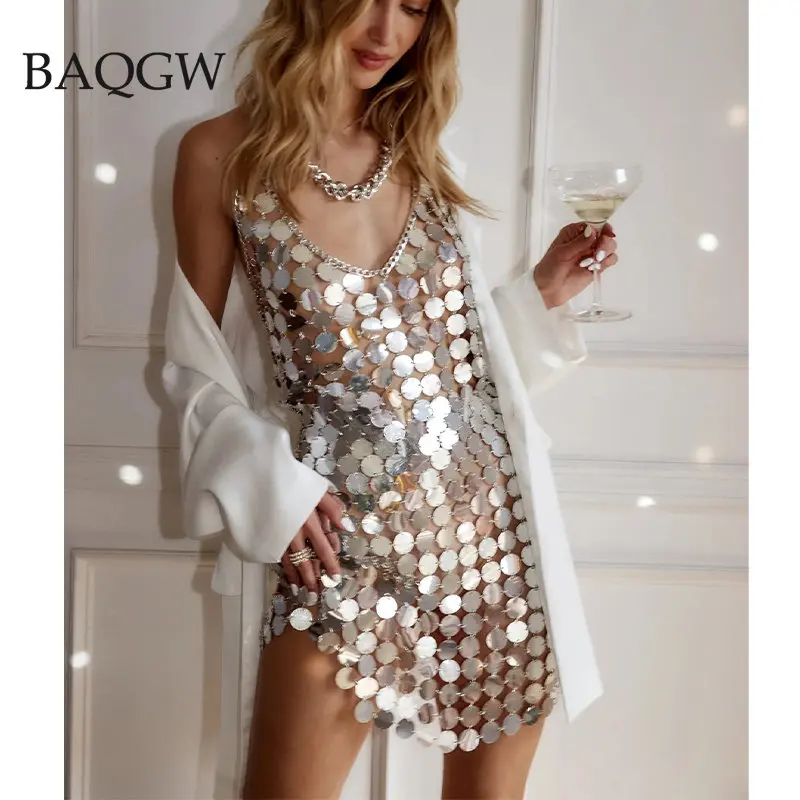 Women Fashion Sleeveless Sexy Backless Glitter Black Gold Chainmail Sequin  Patchwork Mini Dresses Diana Silver Disc Dress - AliExpress 200000345