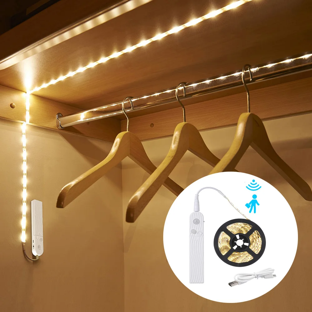 

1/2M LED Under Cabinet Light Strip Wireless PIR Motion Sensor Night Lights IP65 Battery USB Stair Cupboard Wardrobe Closet Lamp