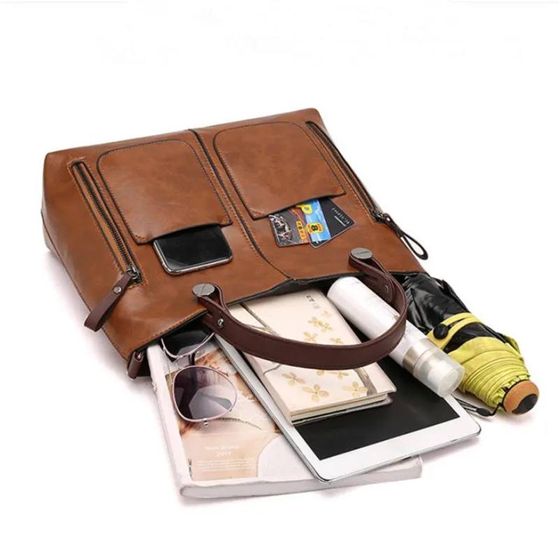 Retro Leather Handbag Shoulder Bag for Women with Double Pocket, Large Capacity, Vintage Lady's Tote Bag, Simple Crossbody Bags