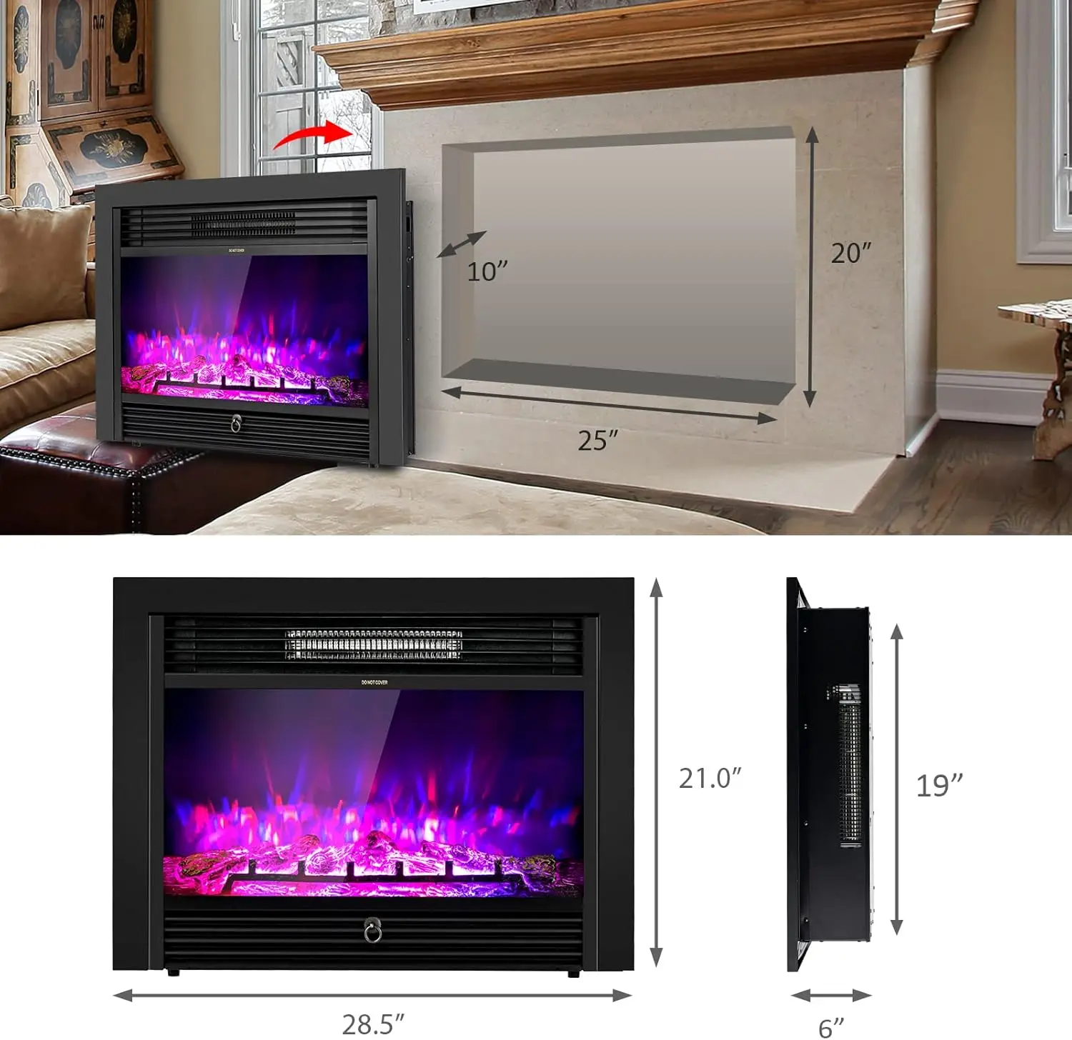 28.5-Inch Electric Fireplace Inserts, 750W/1500W Wall Recessed and Freestanding Fireplace with 3 Flame Colors, 5 Brightness
