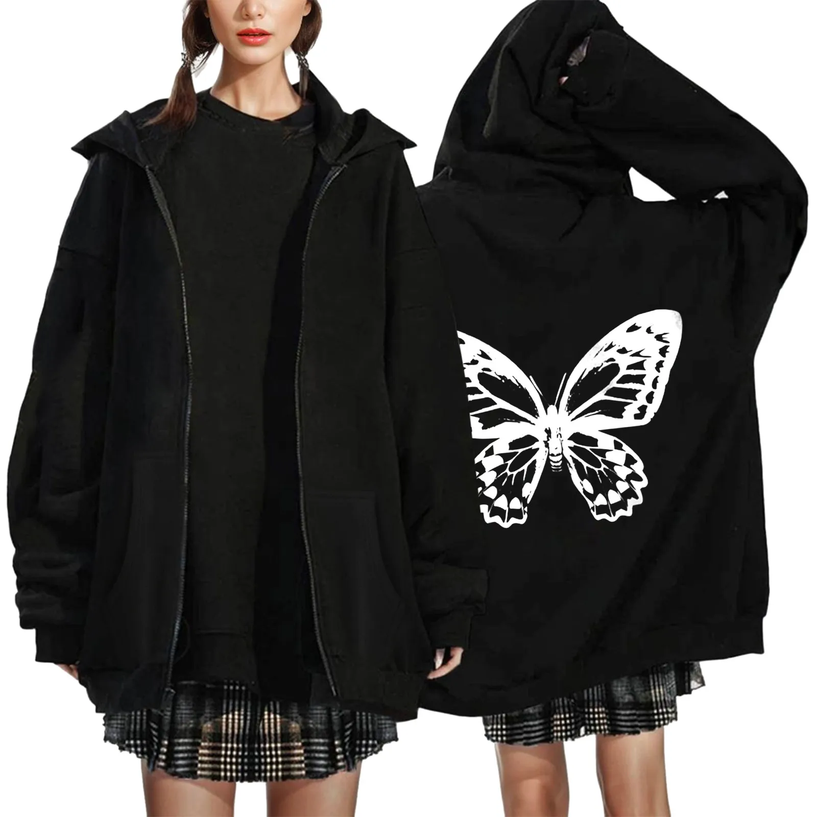 

Y2K Gothic Butterfly Print Zip Hoodie Women Harajuku Hip Hop Oversized Jacket Autumn Winter Vintage Loose Hooded Sweatshirts
