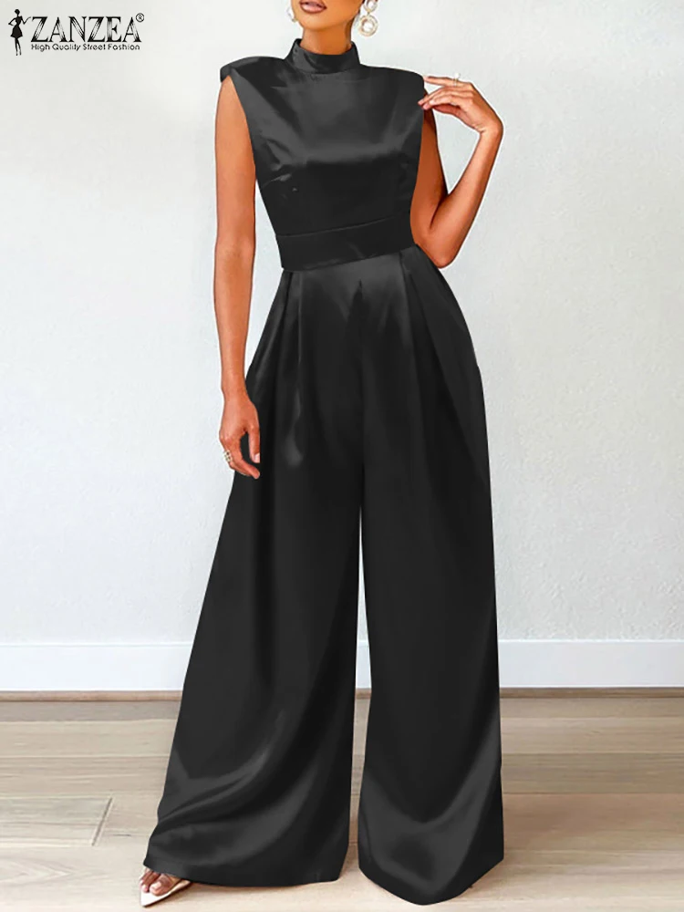 ZANZEA Wide Leg Pant Women Overalls Sleeveless Satin 2023 Summer High Collar Party Jumpsuit Elegant Fashion High Waist Jumpsuits