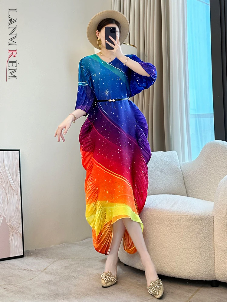 LANMREM Gradient Colorblock Design Pleated Dress For Women 2025 New Loose Causal Three Quarter Sleeve chic Long Dresses 2DB2985