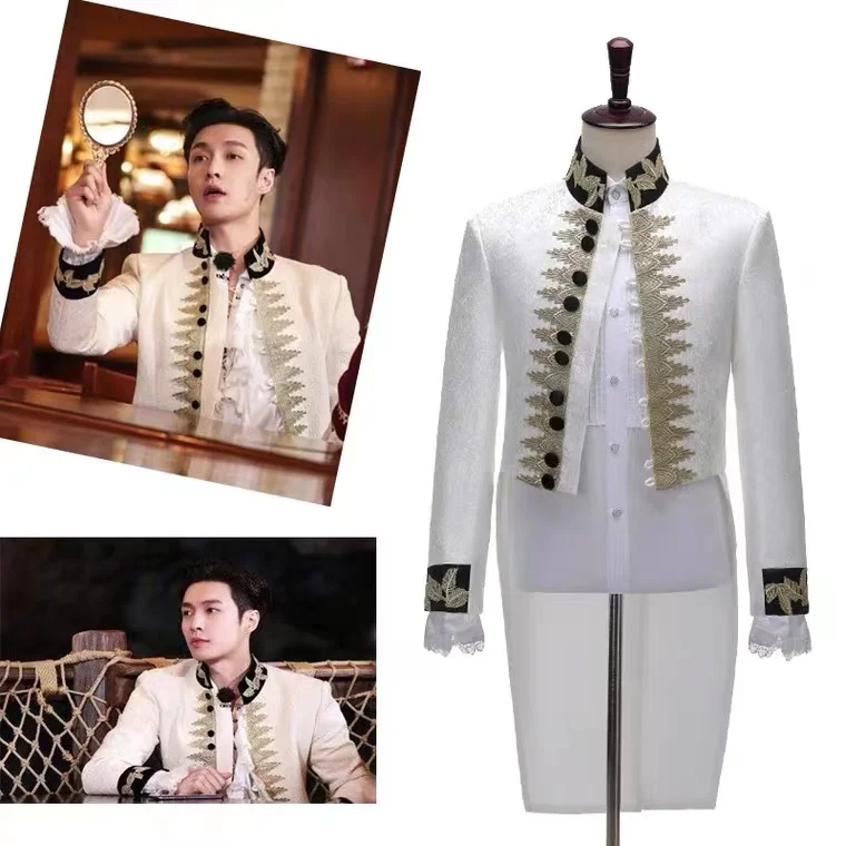 

Смокинг мужской с воротником-стойкой, студийный костюм с вышивкой, роскошный белый пиджак в ретро стиле, одежда для сценического выступления певицы