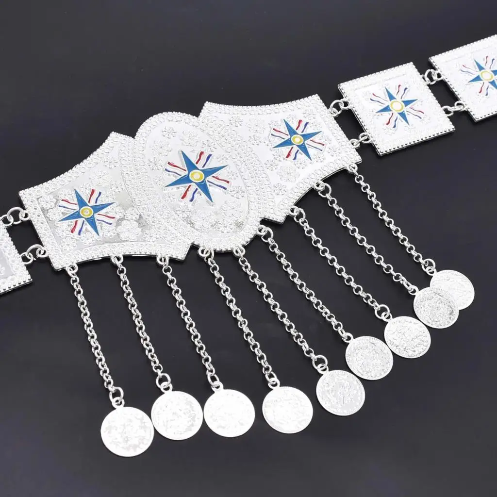 Silver Plated Assyrian National Flag Pattern Metal Waist Belly Chains Fashion Ethnic Coins Pendant Clothing Belts Body Jewelry