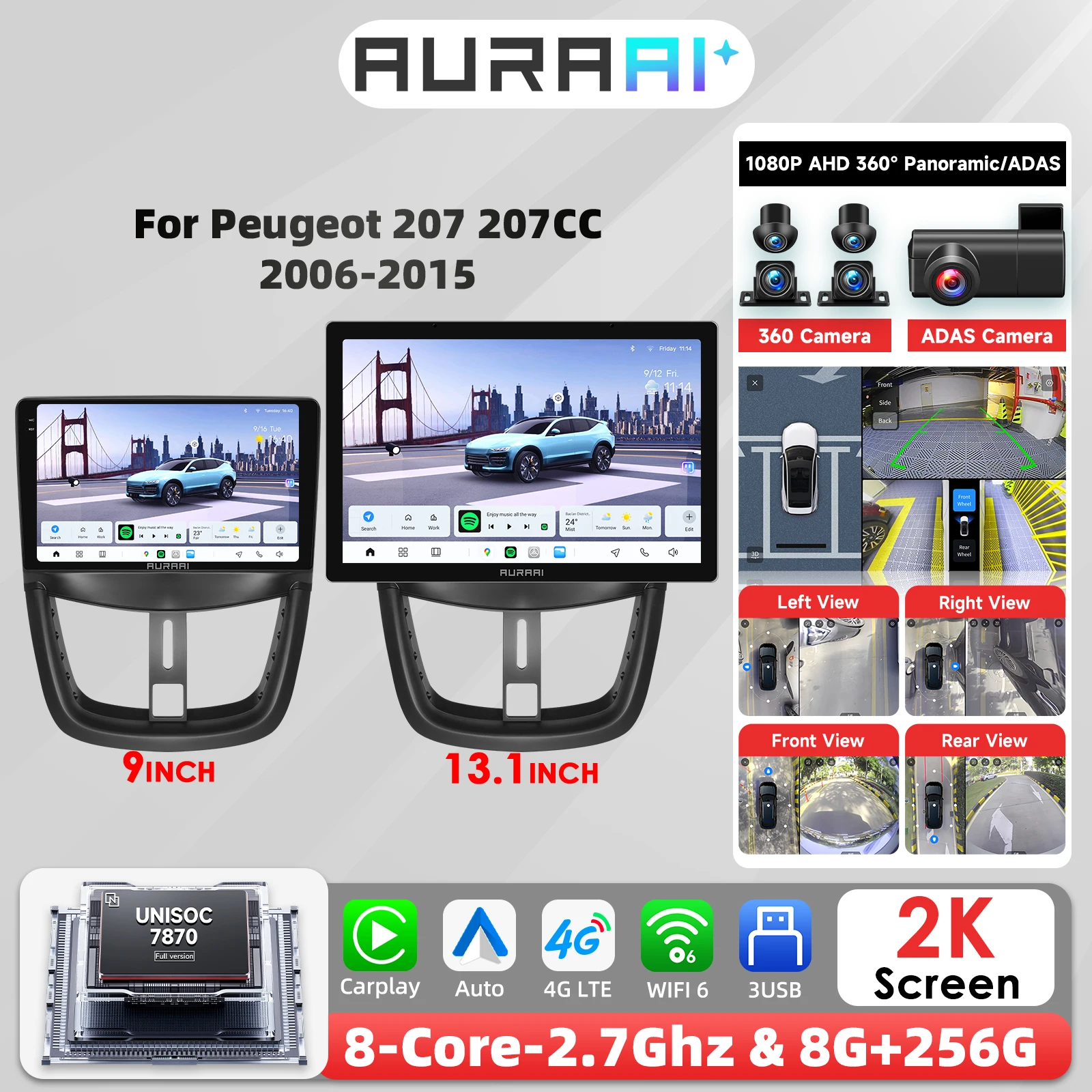 8 Core Wireless Carplay Android Autoradio Für Peugeot 207 207CC 207SW 2006-2015 multimedia 2K Intelligente GPS Bildschirm ADAS + 360 Cam