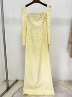 HIGH QUALITY Newest Fashion 2026 Designer Vestido Women's Square Collar Beading Diamonds Long Sleeve Maxi Dress - Image 3