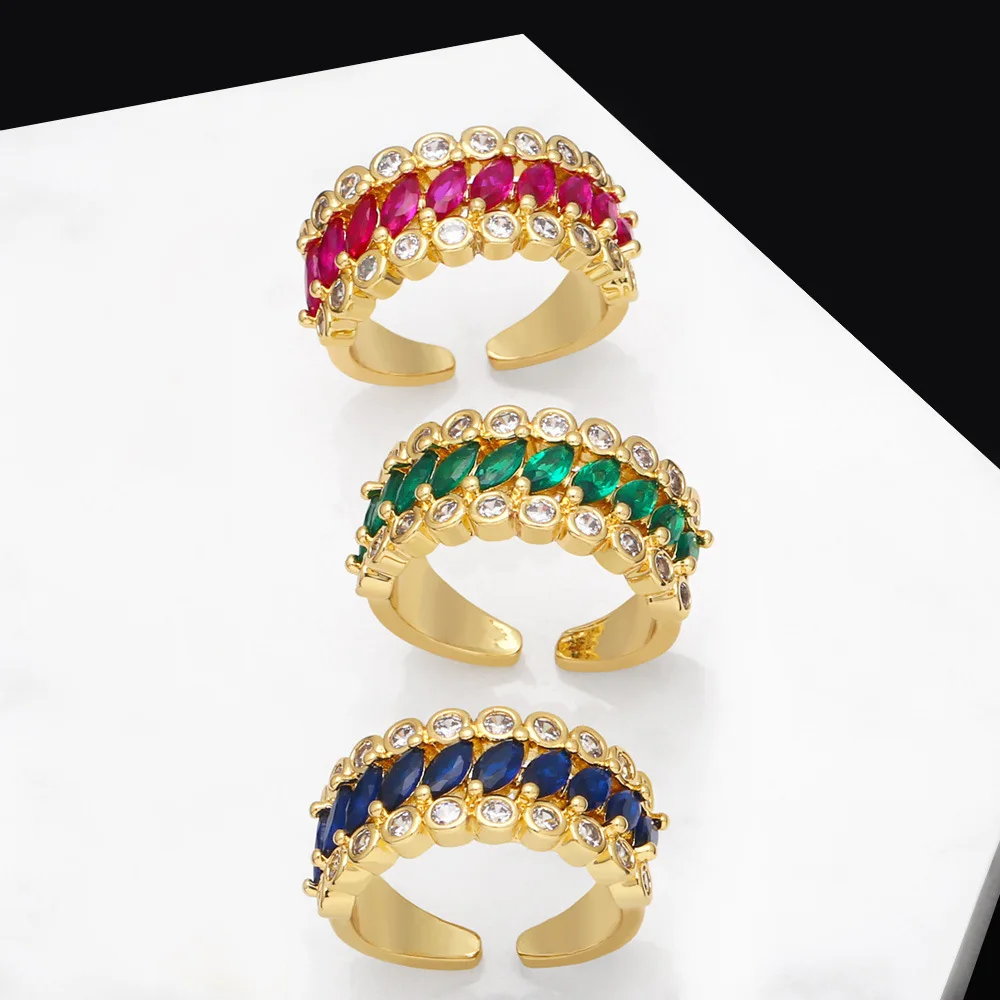 Adjustable Opening Ring For Women 3 Row Zircon Wide Gold Plated Finger