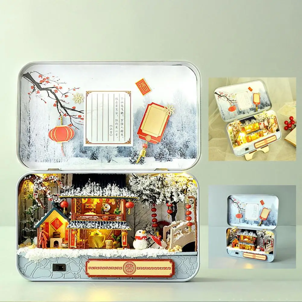 

Spring Miniature House Decor Seasonal Handmade Miniature House Iron Box Decorations with Led Lights Gift for Diy Crafts