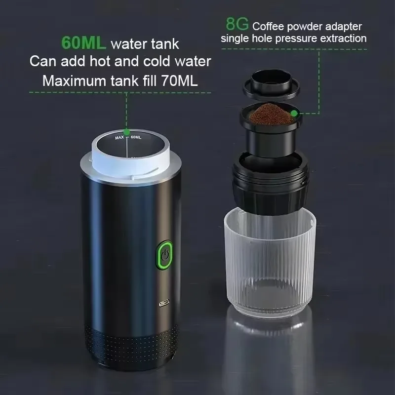 Espresso Coffee Maker Capsule Coffee Maker Portable 3-in-1 Wireless Electric Espresso Coffee Maker for Capsule Powder Travel Camping