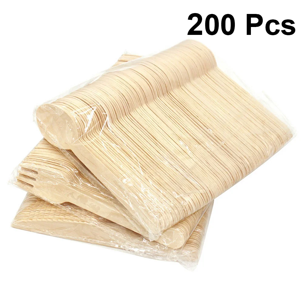 200pcs Wooden Tableware Forks Spoons Cutters Set Disposable Wood Cutlery Utensils Tableware Supplies for Dinner Camping BBQ