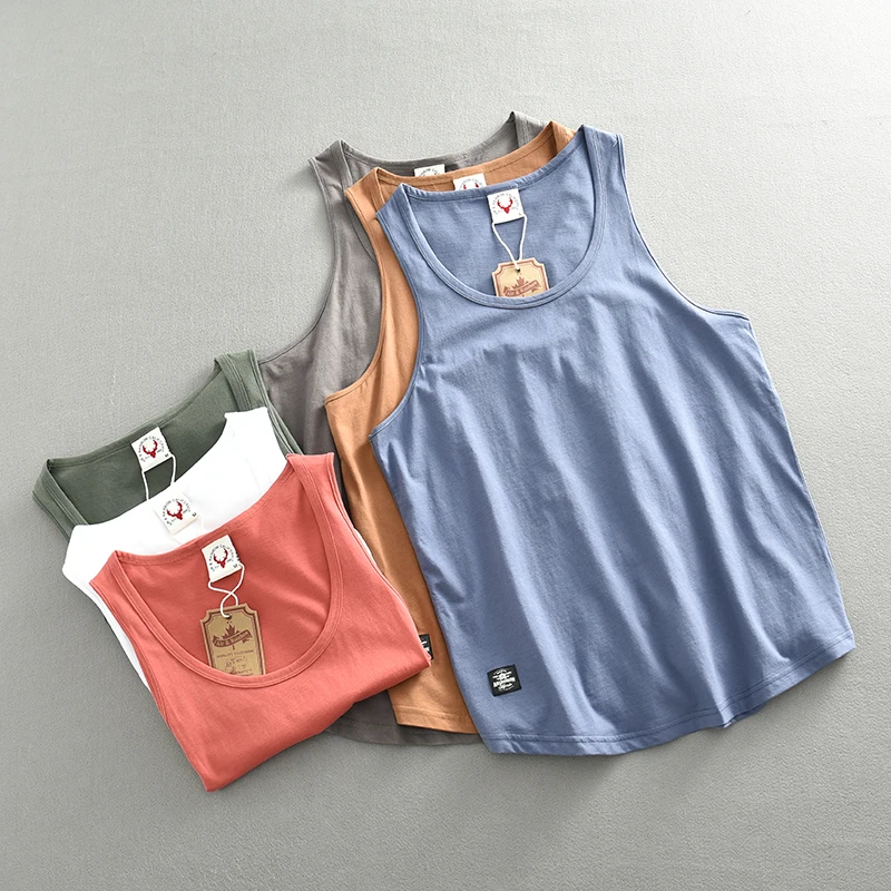 451  여름 신제품 아메리칸 레트로 민소매 o넥 단색 티셔츠 남성 패션 100% 코튼 워시 캐주얼 스포츠 조끼 탑스, 운동복 러닝셔츠