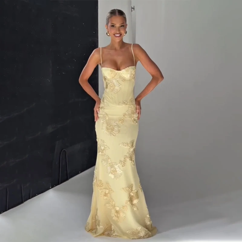 FREE SHIPPING Elegant Yellow Lace Maxi Dress Strapless Slim Fit Evening Gown OUT1082