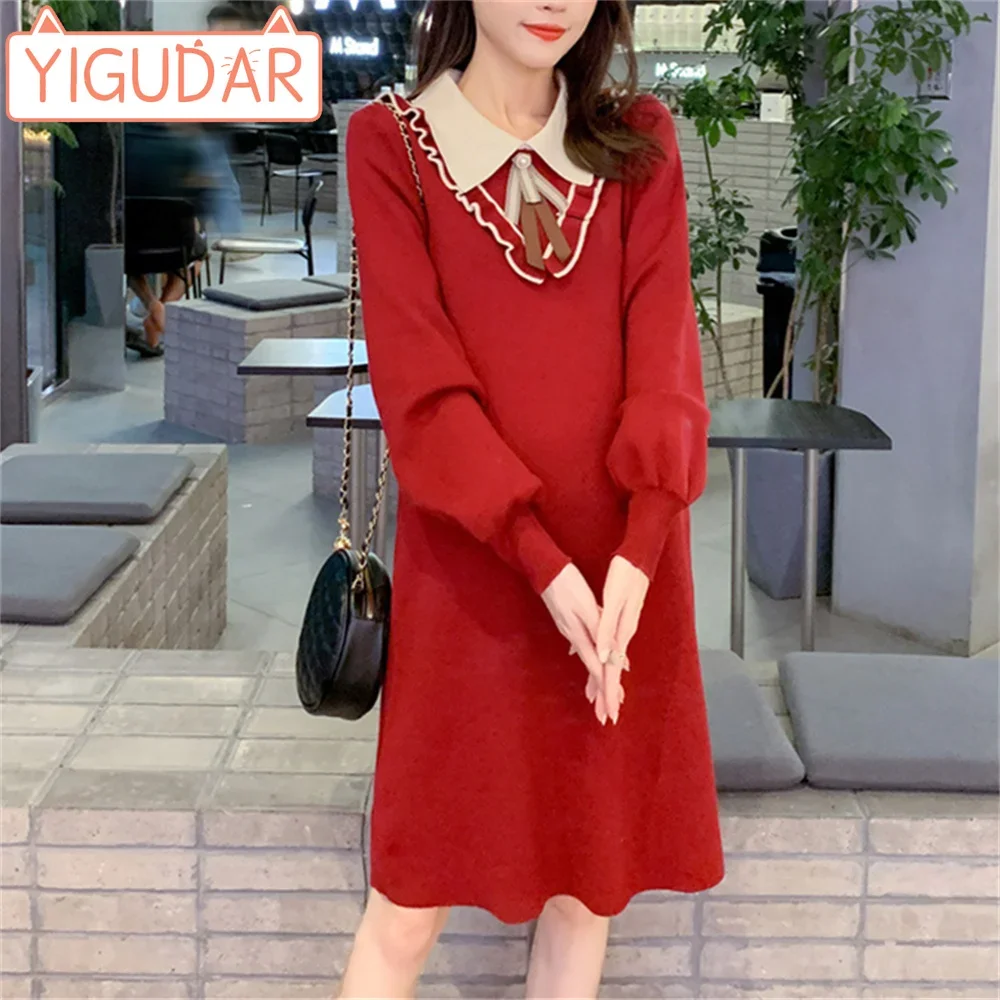 

2023 Autumn and Winter New Korean Edition Doll Neck Covering Belly Knitted Pregnant Women's Sweater Dress Loose and stylish