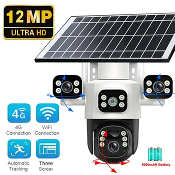 12MP Solar WIFI IP Camera CCTV Three Lens Three Screen Auto Tracking Outdoor 6K 4G Surveillance PTZ Camera Security Protection 1