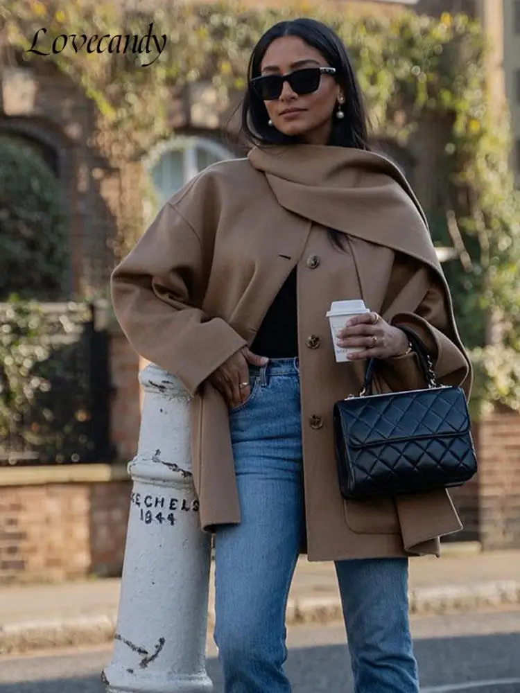 

Solid Women's Coat With Scarf Female Long Sleeve Single Breasted Pockets Jacket 2023 Fashion Autumn Lady Highstreet Outerwear