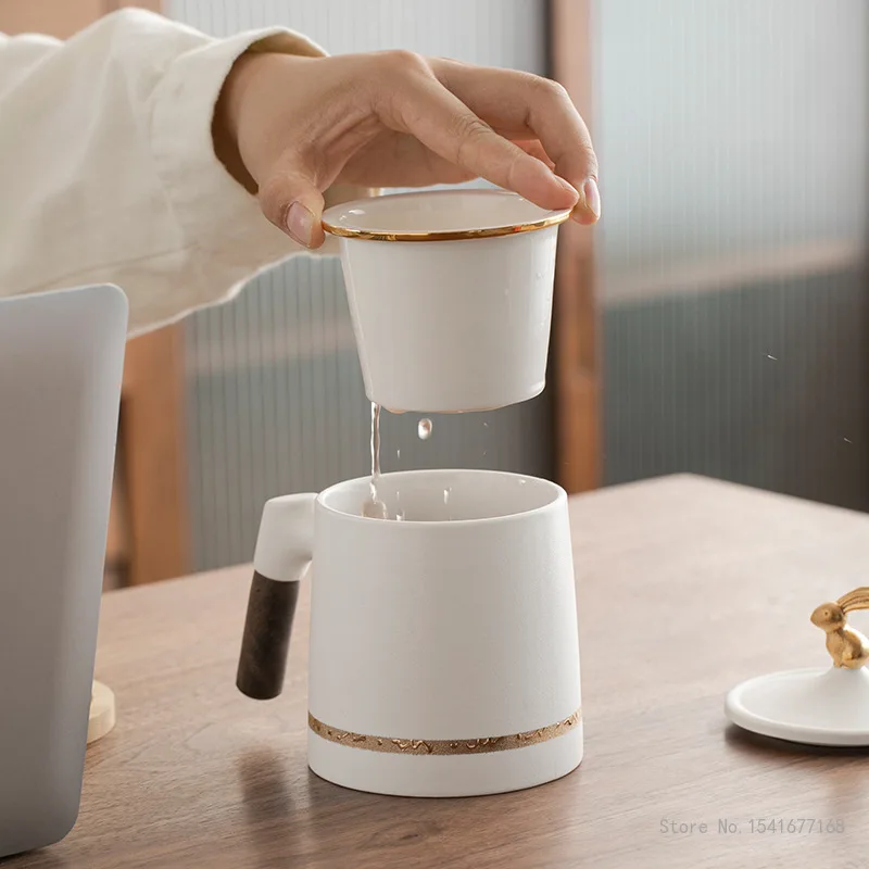 Creative Ceramic Tea Cup with Cover, Chinese Style Home Office Supplies, Handle, Tea Water Filter Separation Mug, Box Gifts, 1Pc